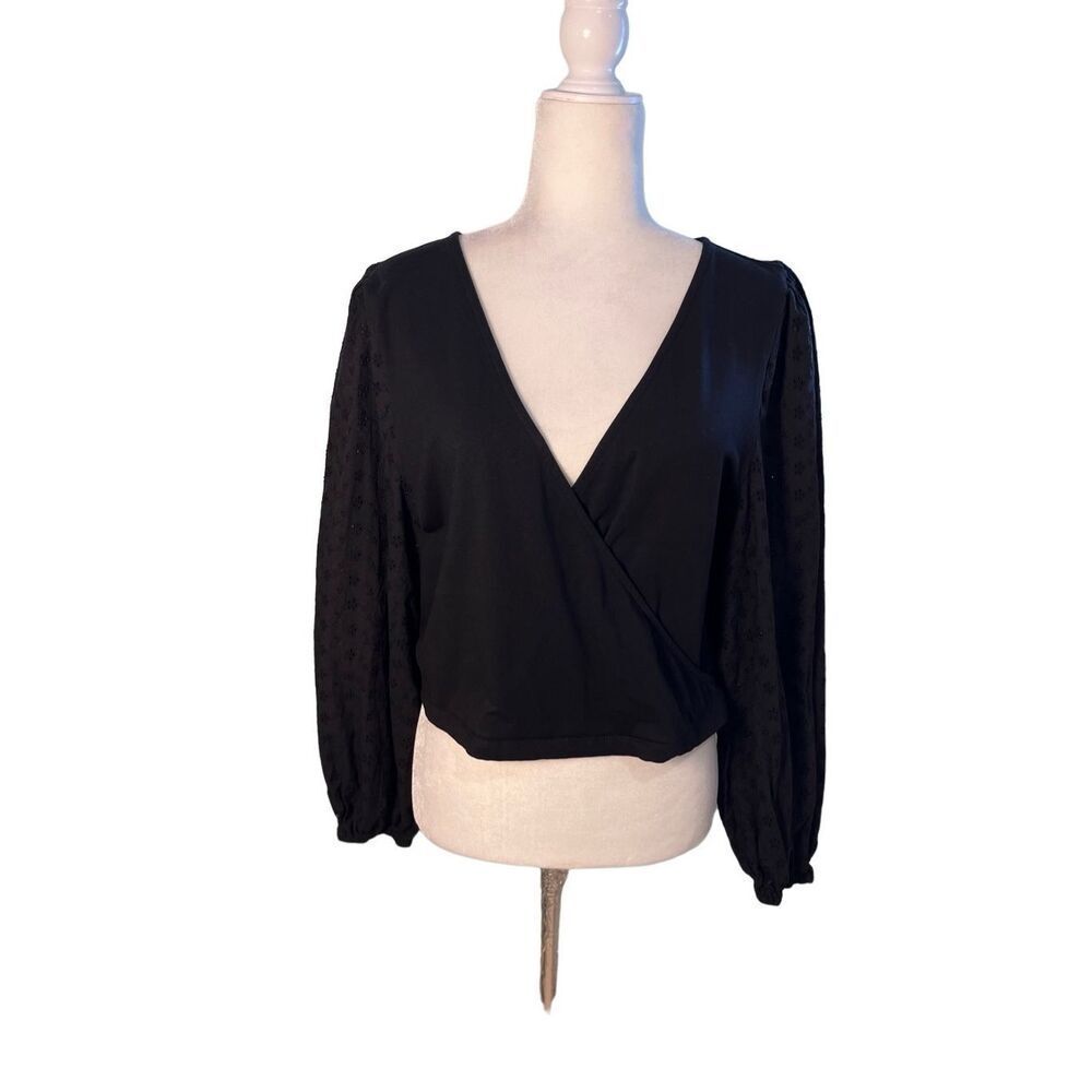 ASOS cropped black faux wrap long sleeve blouse - 14